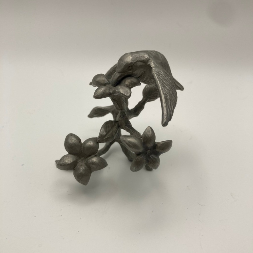 Vintage Pewter Hummingbirds in Flight Drinking from Flowers FLAW